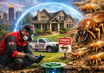 A technician from Blitz Exterminators installs a termite defense system around an Atlanta home.