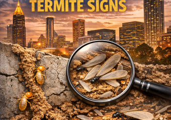 Illustration of magnified termites on a wood surface with Atlanta skyline in the background.