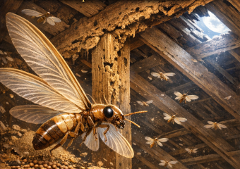 Illustration of drywood termites in an attic, showing detailed anatomy and wood damage.