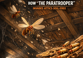 Illustration of drywood termites entering an attic without soil, embodying their nickname 'The Paratroopers'.