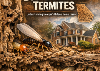 Close-up image of Eastern Subterranean Termites infesting wooden material near a residential home in Georgia.