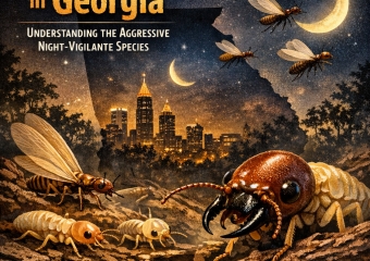 Illustration of aggressive Formosan termites active at night in a Georgia forest.