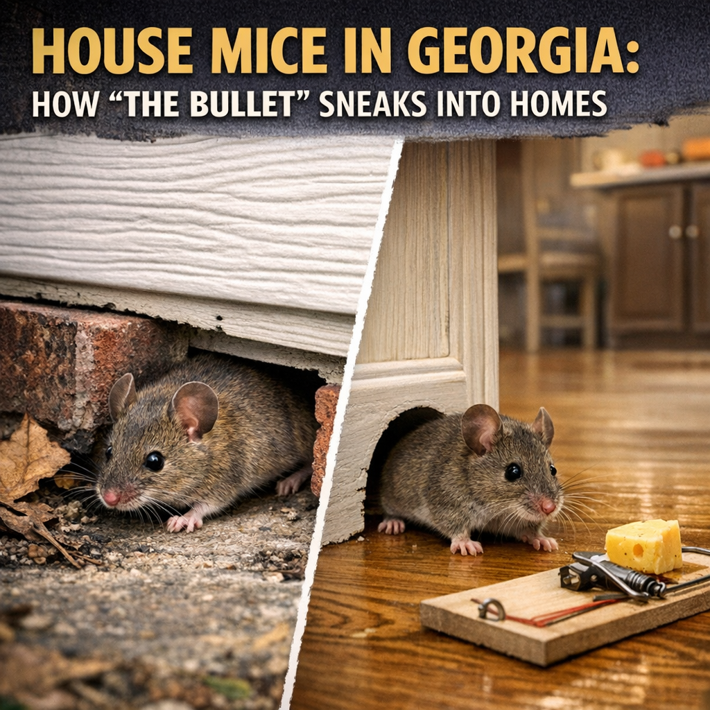 Georgia house mouse squeezing through a small crack into a home.