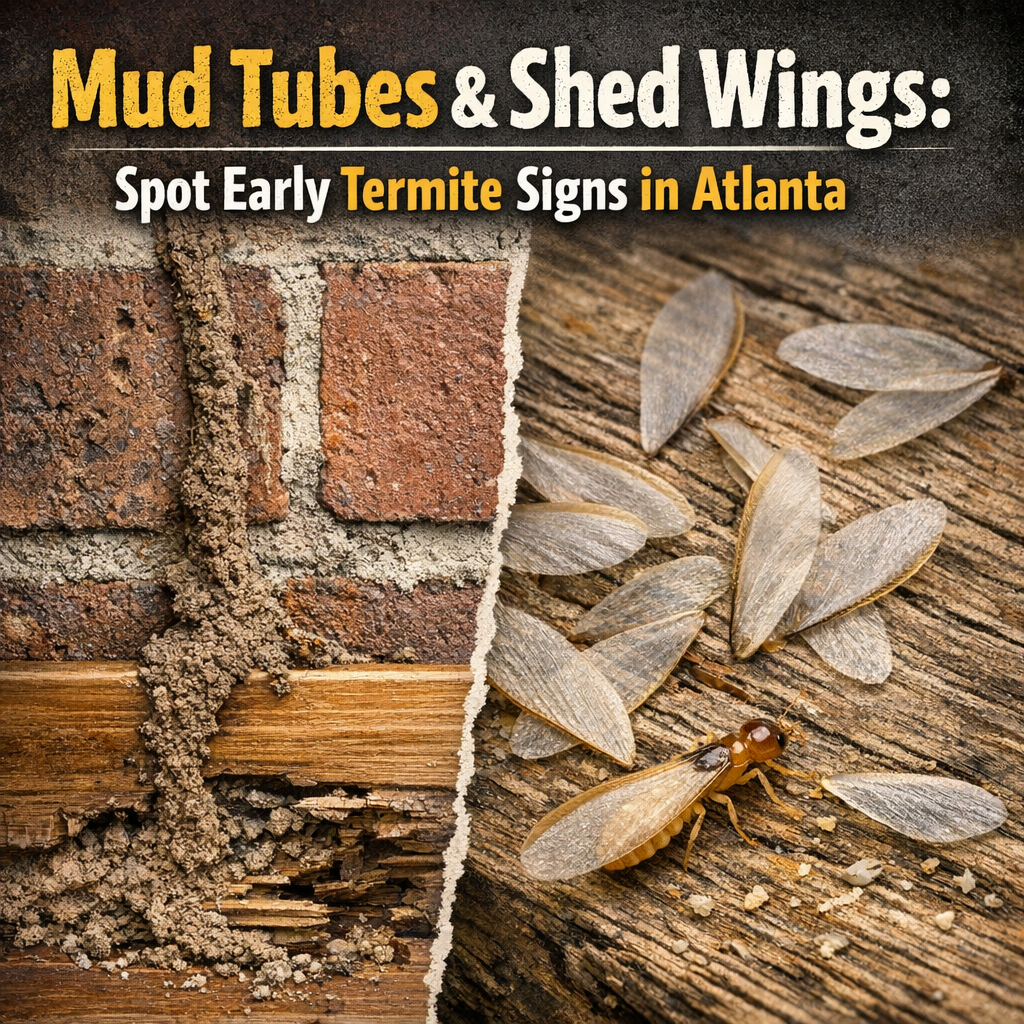 Mud tubes on brick and wood with shed termite wings nearby, indicating early signs of termite activity in Atlanta.