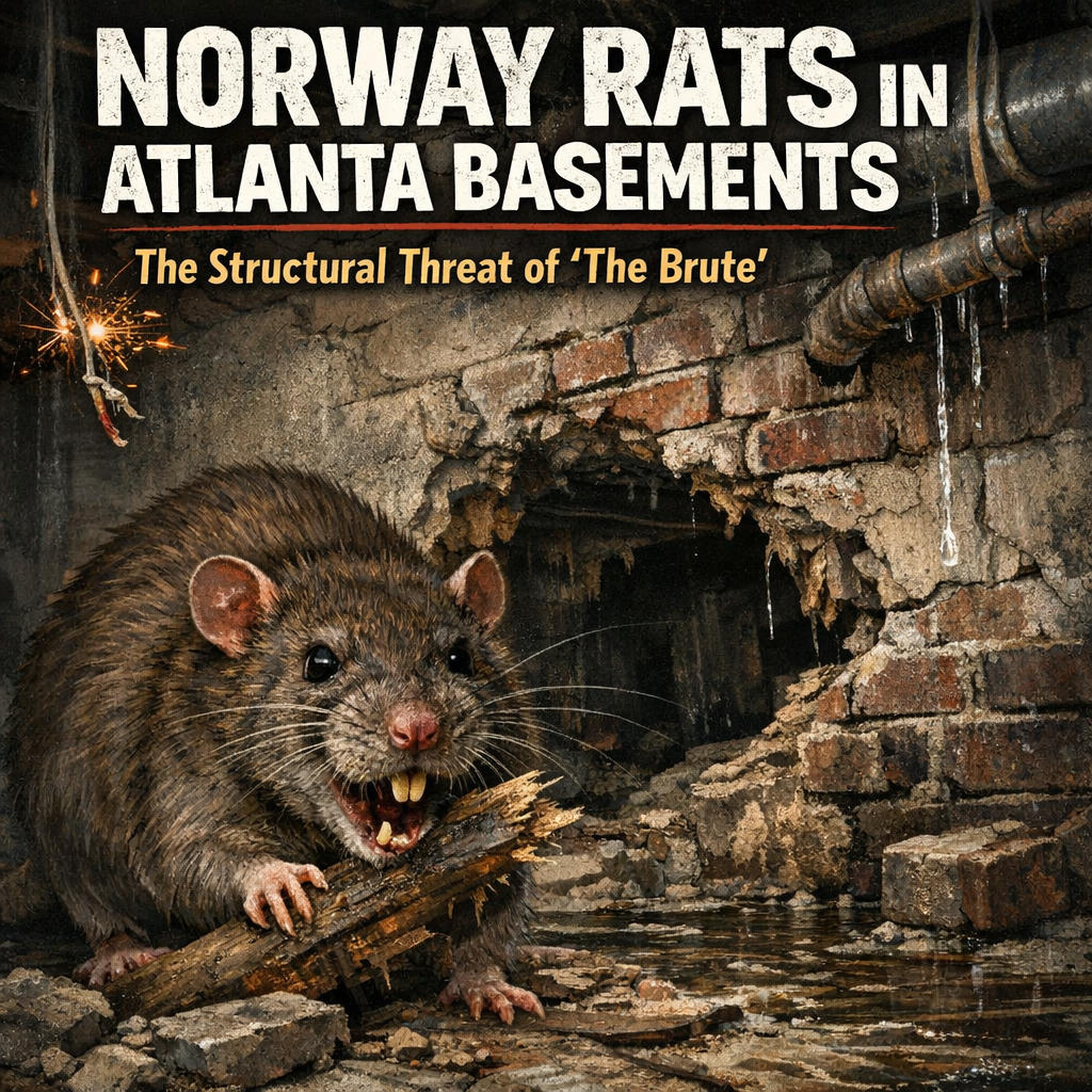 Norway rats gnawing on wood and wires in an Atlanta basement, illustrating structural damage.