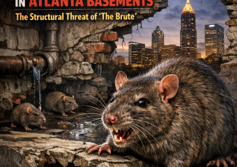 Group of Norway rats gnawing on basement wires and wood, showing visible damage.