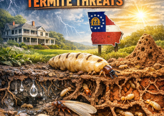 Illustration of termites in Georgia's moist, clay soil, highlighting year-round threats.