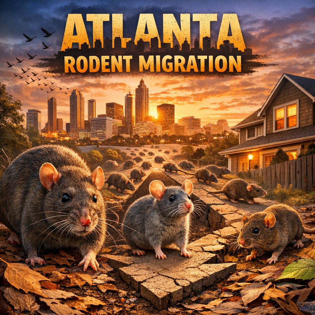 Illustration of rodents migrating towards Atlanta homes at sunset, highlighting seasonal movement.